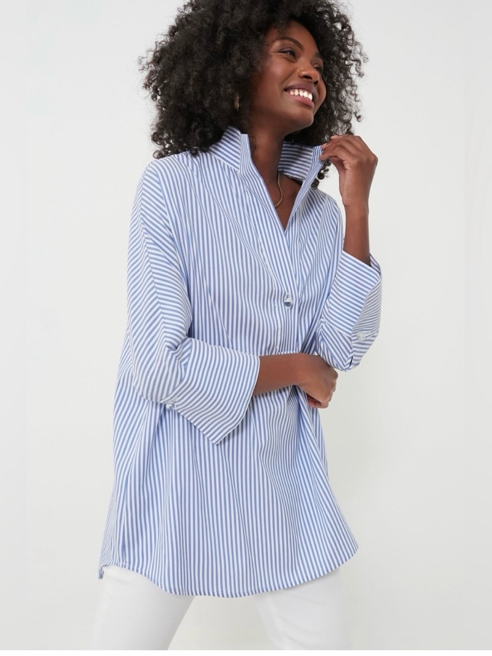 TUCKERNUCK Blue Stripe Willow Blouse Oversized 3/4 Sleeves Popover Size XL